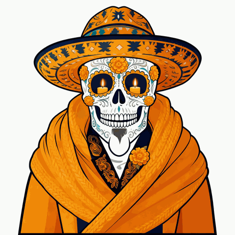 The Quiet Host, a calavera in a woven hat and marigold scarf with candle flames for eyes